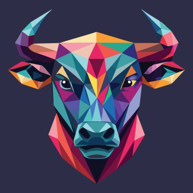 Renkli çokgen şekilli, canlı ve modern geometrik tarzda yapılmış bir boğa kafasının çarpıcı portresi
