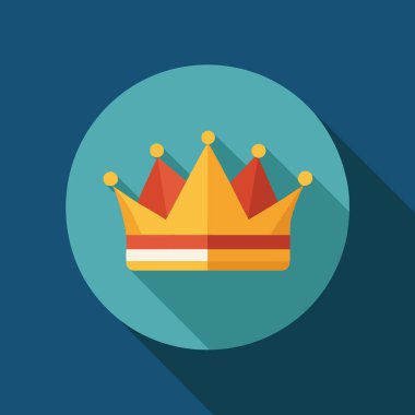 Düz bir tasarım çizimi, kırmızı aksanlı altın bir taç sergiliyor.