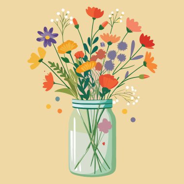 Çekici bir illüstrasyon, yumuşak bir bej arka plana karşı cam bir mason kavanozda düzenlenmiş canlı bir kır çiçeği buketini tasvir ediyor.
