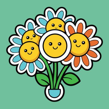 Çekici bir illüstrasyonda, gülümseyen yüzleri ve canlı renkleri olan kawai tarzı çiçekler sergileniyor.