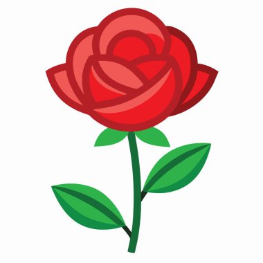 Yeşil yapraklı, tek bir kırmızı gülün canlı bir çizimi ve ince bir gövde çok güzel tasvir edilmiş.