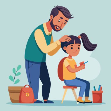 Bir babanın kızının saçını sevgiyle ördüğü bir an. Bu sırada o da masada resim çizmeye odaklanıyor.