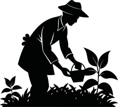 Bir bahçıvanın silueti sepetteki bitkilerle ilgileniyor. Açık havada huzurlu bir sahne sergiliyor.