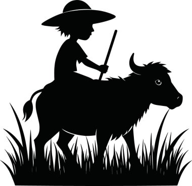 Siluetli bir görüntü, çimenli bitki örtüsünde bizon süren genç bir insanı gösteriyor.