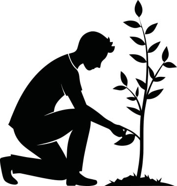 Siluetli bir adam diz çöker ve büyümeyi ve yüksek kaliteyi temsil eden küçük filizlenen bir ağaca dikkatle bakar.