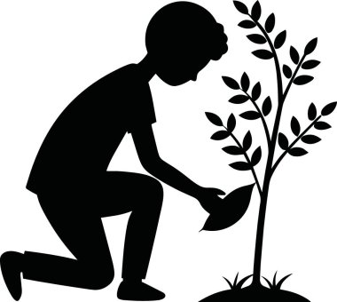Siluetli bir resim, küçük bir ağaca ya da yüksek kalitede bitki dikmeye özenle eğilen bir insanı tasvir eder.