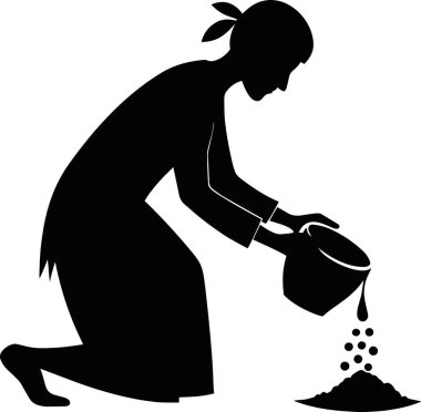Bir kadının siluetli tasviri. Diz çöküp bir konteynırdan yüksek kaliteli su döken bir kadın.