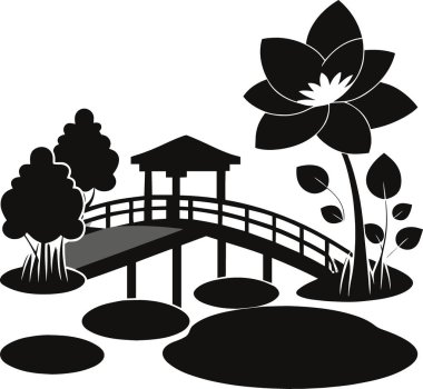 Biçimlendirilmiş siyah-beyaz bir illüstrasyonda Japon bahçesi, köprü nilüferleri ve çevreleyen yaprakları tasvir edilir.