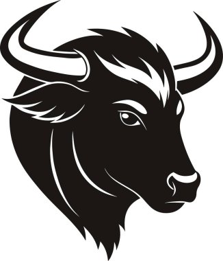Çarpıcı bir siyah beyaz çizim, güçlü boynuzlarını ve yoğun bakışlarını sergileyen bir boğanın kafasını tasvir eder.