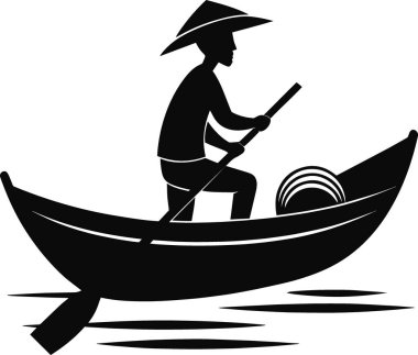Siyah bir siluet, sakin suda kürek çeken konik şapkalı bir adamı tasvir ediyor.