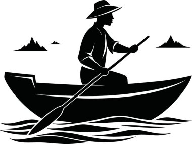 Siluetli bir resim, uzak stilize dağlara doğru kürek çeken yalnız bir kayıkçıyı tasvir ediyor.
