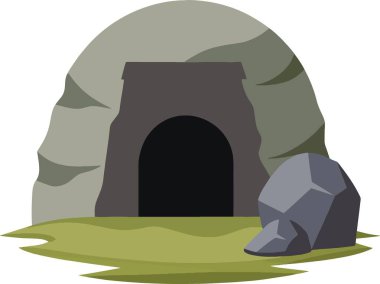 Şekillendirilmiş bir illüstrasyon kayalık arazi ve yemyeşil çimlerle çerçevelenmiş karanlık bir mağaranın girişini tasvir eder.