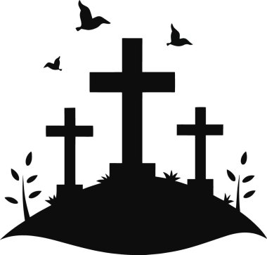 Koyu bir siluet, üzerinde kuşların uçtuğu bir tepede üç haç tasvir ediyor. İnanç ve hatıra temalarını çağrıştırıyor.