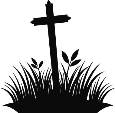 Yeşil yapraklar ve çimenlerin arasında duran koyu siyah bir Hıristiyan haçı silueti.