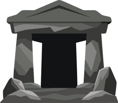 Koyu dikdörtgen kapılı gri taş bir tapınak veya anıt cephesi belirgin bir şekilde yüksek kalitede sergilenmektedir.