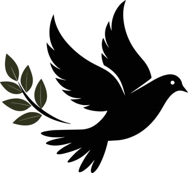 Uçmakta olan bir güvercinin silüeti, barış ve umudu temsil eden bir zeytin dalı taşıyor.