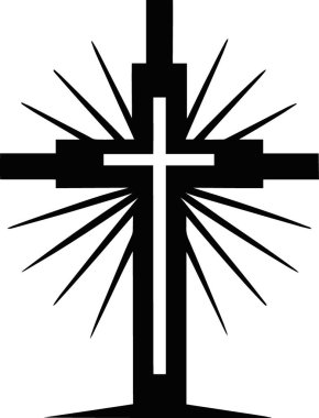 Simsiyah ve beyaz bir resim, merkezinden yayılan ışınımlı çizgilerle stilize edilmiş bir haç tasvir eder.