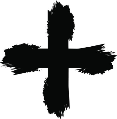 Cesur bir siyah haç kaba fırça darbeleriyle tasvir edilir ve yüksek kalitede dokulu ve anlamlı bir dini sembol oluşturur.