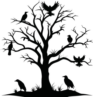 Katıksız siluetli ağaç dalları ürkütücü bir minimalist cadılar bayramı sahnesinde birkaç kargaya ev sahipliği yapar.