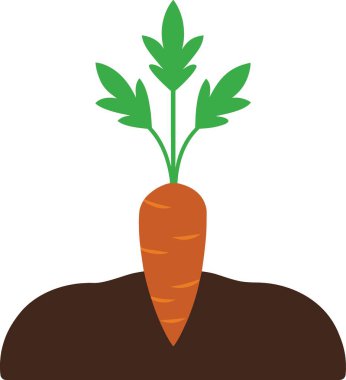 Basit bir illüstrasyonda parlak yeşil yapraklarla koyu kahverengi topraktan büyüyen canlı bir turuncu havuç tasvir ediliyor.