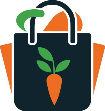 Koyu renk bir alışveriş poşeti ikonu, sağlıklı besin seçeneklerini sembolize eden havuç ve yapraklı yeşillikler de dahil olmak üzere taze ürünler sergiliyor