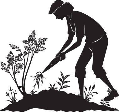 Bahçedeki küçük bir çalılığın etrafındaki bitkilerle ilgilenen bir bahçıvanın silüeti.