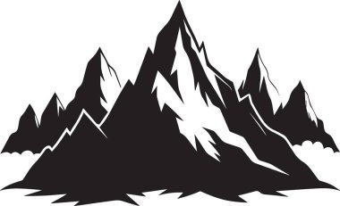 Çarpıcı bir siyah-beyaz çizimi, parlak bir arkaplanda sivri dağ zirveleri aralığını tasvir eder.