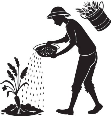 Siyah bir siluet, tarımsal işçiliğin yüksek kalitede profesyonel olduğunu gösteren bir sepetten fideleri dikkatlice sulayan bir çiftçiyi resmediyor.