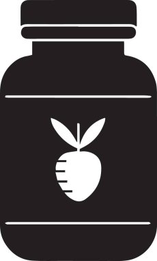 Basit bir siyah beyaz simge, önünde stilize edilmiş bir yaprak ve meyve tasarımı olan bir şişe tasvir eder.