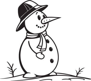 Büyüleyici bir siyah beyaz illüstrasyon, açık havada kaliteli şapka ve eşarp takan klasik bir kardan adamı resmediyor.