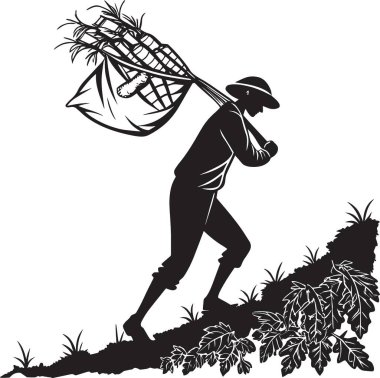 Omzunda büyük bir ağ taşıyan bir kişinin silüeti çimenli bir arazide yürüyor.