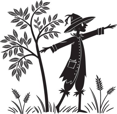 Eski tarz bir illüstrasyon, yüksek kaliteli bir alanda duran bir korkuluğun siyah siluetini tasvir eder.