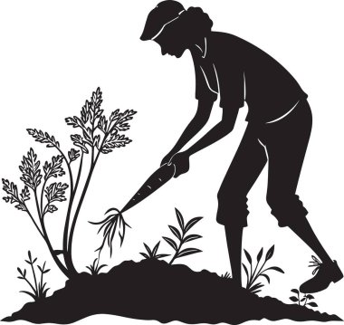 Siyah bir siluet, bahçe toprağı ve malası olan küçük bir bitkiyle ilgilenen bir bahçıvanı tasvir ediyor.