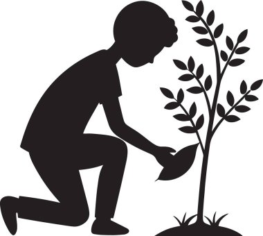 Siluetli bir çocuk, yemyeşil yaprakları ve koyu bir tabanı olan küçük bir ağacı incelemek için diz çöker.