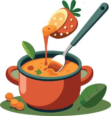 Canlı bir illüstrasyon, portakal suyunun yarım portakaldan kaşıkla bir kaba döküldüğünü gösteriyor.