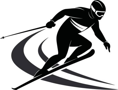 Bir kayakçının slalom kapılarından aşağı doğru rekabetçi bir pistte gezinmesinin eylem odaklı vektör çizimi.