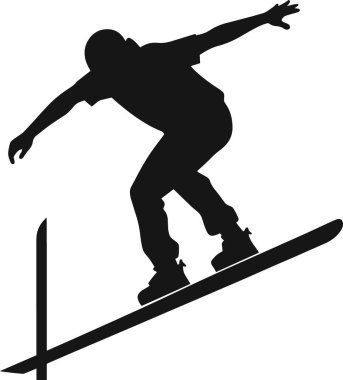 Bir snowboardcunun şehir dışındaki bir dağda taze toz karında derin bir dönüş yaptığı detaylı vektör çizimi.