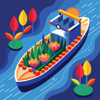 Mavi bir nehirde büyük laleler taşıyan mavi bir kargo gemisinin izometrik çizimi..