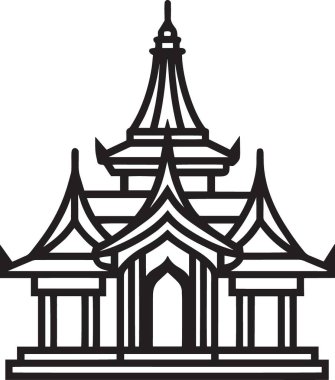 Çok katmanlı geleneksel bir Asya tapınağının siyah-beyaz çizgili sanatı. Süslü kavis ve merkezi bir kule içeriyor..