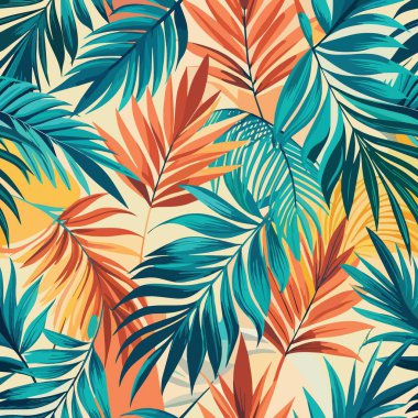 Üstüste binen turuncu ve krem bazlı sarı palmiye yapraklarının kusursuz, esinlenilmiş deseni..