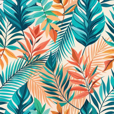 Canavarların ve palmiye yapraklarının yumuşak ve sessiz turuncu tonlarda olduğu karmaşık, pürüzsüz bir desen..