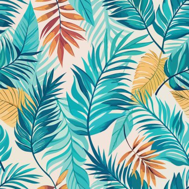 Mavinin çeşitli tonlarında, tropik palmiye yapraklarının pürüzsüz bir deseni ve altın sarısı ipuçları..