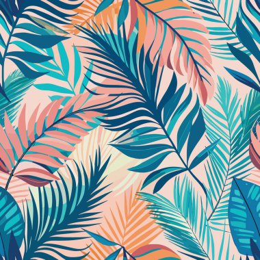 Şeftali pembesi ve koyu mavi renklerde ince palmiye yaprakları içeren yumuşak, pürüzsüz bir tropik desen..