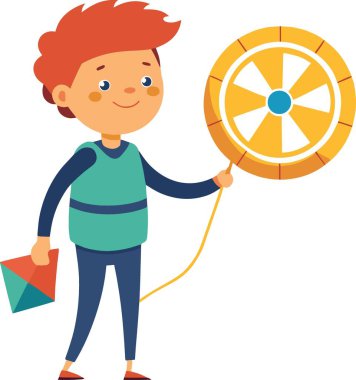 Kırmızı saçlı, yeşil yelek giyen, mavi pantolonlu, büyük sarı bir uçurtma tutan genç bir çocuk..