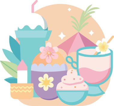 Canlı ve renkli bir düz tasarım çizimi tropikal tatlı koleksiyonu, bir milkshake, bir kokteyl ve pastel arka planda çiçek süslemeleri içerir..