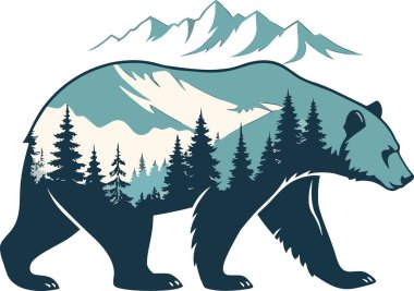 Çam ormanları ve karlı dağlardan oluşan iki kat manzaralı bir ayı silueti..