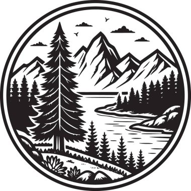 Dağ gölü ve çam ormanının dairesel siyah-beyaz ahşap kesim şekli..