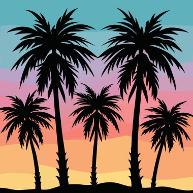 Beş simetrik palmiye ağacı silueti canlı katmanlı günbatımı arkaplanına karşı.
