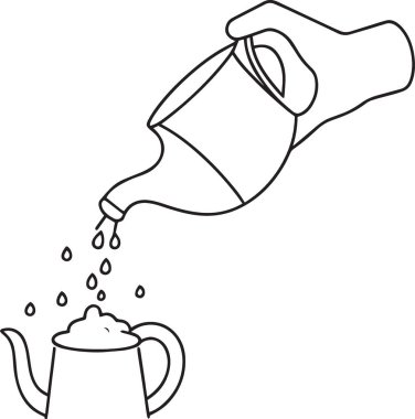 Basit bir siyah-beyaz çizim bir elin çaydanlıktan başka bir kaba buharla çay doldurduğunu gösteriyor..