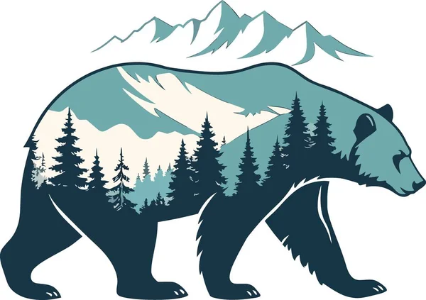 Çam ormanları ve karlı dağlardan oluşan iki kat manzaralı bir ayı silueti..